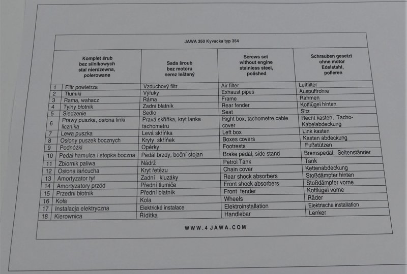 Komplet śrub, bez silnikowych, nierdzewne/polerowane, Jawa 350 Kyvacka-photo5
