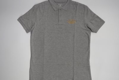 Koszulka bawełniana polo, szara, logo JAWA-złote, rozmiar L